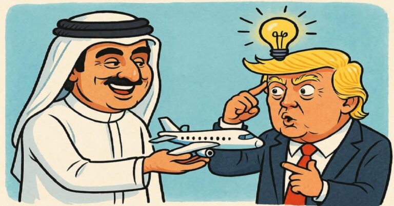 SACRILEGIO: TRUMP ACEPTA UN AVIÓN DE QUIENES PATROCINAN A HAMÁS. NO TAN RÁPIDO, AMIGUITO 6 En la foto, una viñeta en la que aparece el emir de Qatar entregándole un avión a Trupm