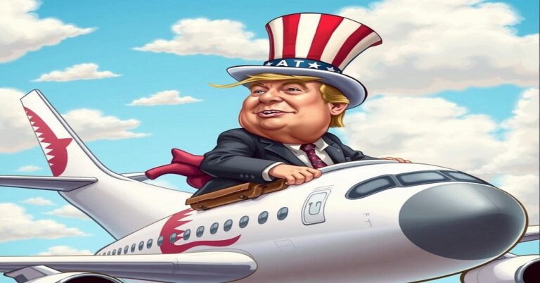 En la foto, una imagen hecha con AI donde se ve a Trump en un avión